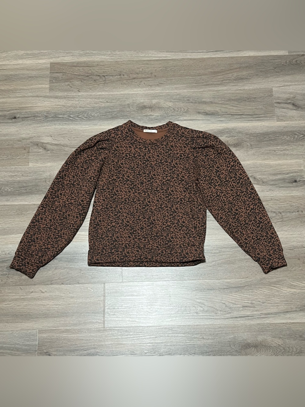 Marine Layer XS Enya Crewneck Sweatshirt Brown Cheetah Print Puff Sleeve Chic